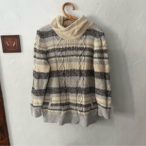LL Bean Signature Sweater Womens XL Blue Stripe Cowl Neck Cable Knit Pullover